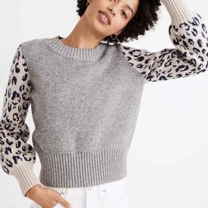 Madewell Gray Sweater with Leopard Print Sleeves